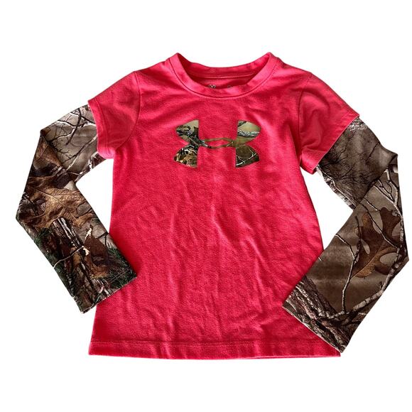 Under Armour Pink Camo Long Sleeve Layered Tee - Size 5 - Picture 1 of 4
